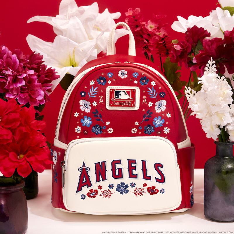Red and white floral Loungefly Los Angeles Angels mini backpack against a red and white background surrounded by red and white flowers 